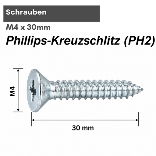 Technische Zeichnung der Schraube M4x30mm mit Phillips-Kreuzschlitz PH2 und Maßangaben