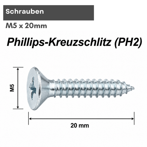 Technische Zeichnung der Schraube M5x20mm mit Phillips-Kreuzschlitz PH2 und Maßangaben