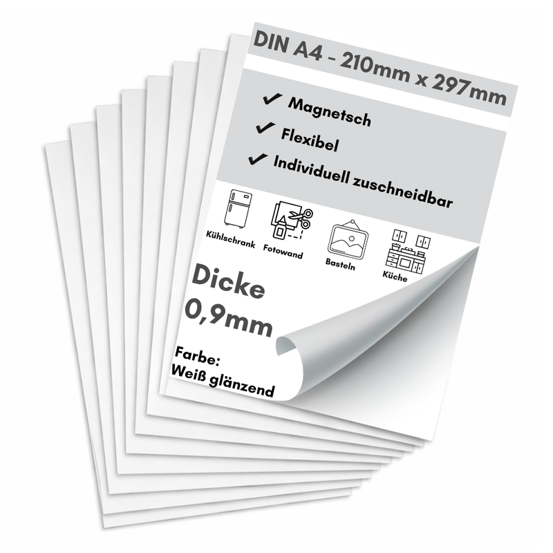 Starke Magnetfolie DIN A4 0,9 mm weiß glänzend für Büro DIY und Werkstatt