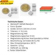 Mehrere Neodym-Quadermagnete 10x10x5 mm gestapelt – Supermagnete mit starker Haftkraft