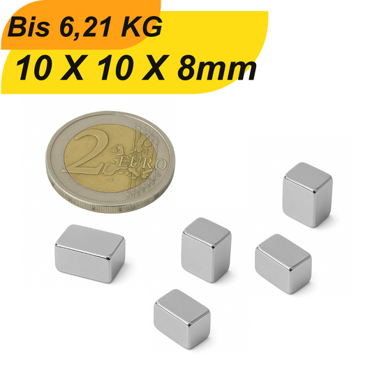 Neodym-Quadermagnet 10x10x8 mm N42 – Supermagnet mit hoher Haftkraft