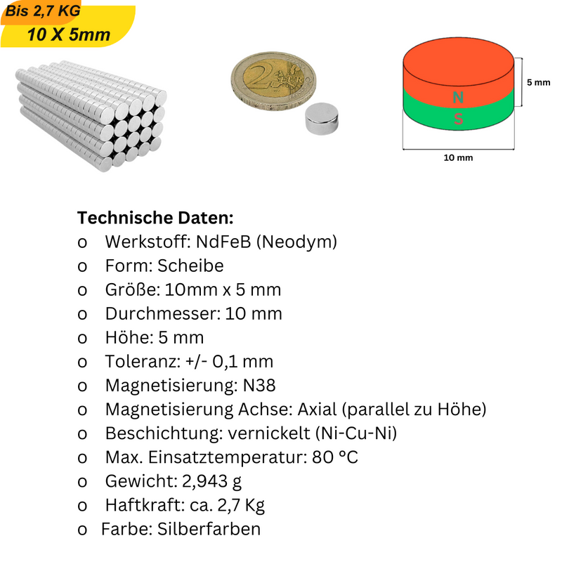 Neodym Scheibenmagnet 10x5mm – Supermagnet mit starker Haftkraft