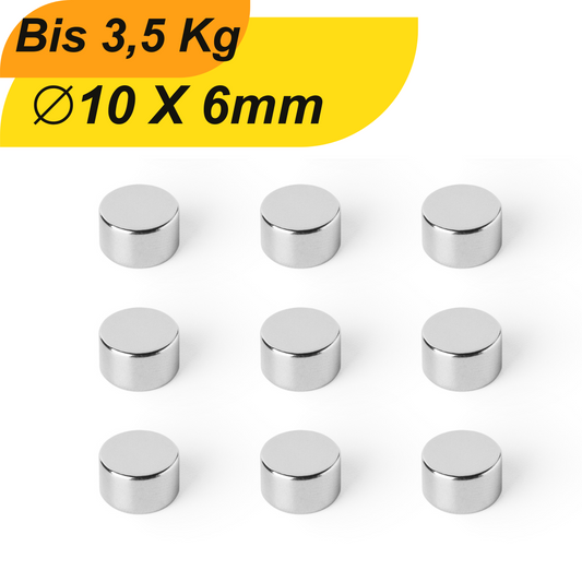 Neodym Magnet 10mm x 6mm Supermagnete hohe Haftkraft Scheibenmagnet