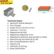Magnet 15x15x3 mm aus NdFeB – axial magnetisiert, langlebig & stark
