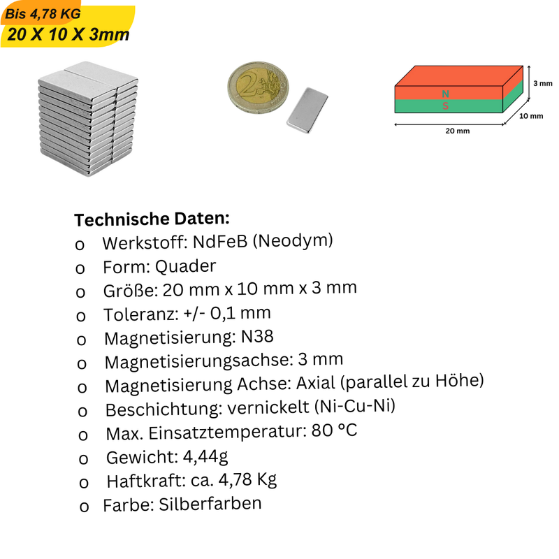 Magnet 20x10x3 mm aus NdFeB – axial magnetisiert, starke Magnetkraft