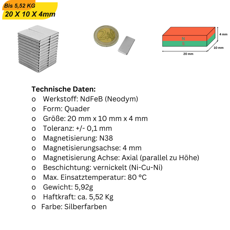 Neodym Supermagnet 20x10x3 mm aus NdFeB – axial magnetisiert