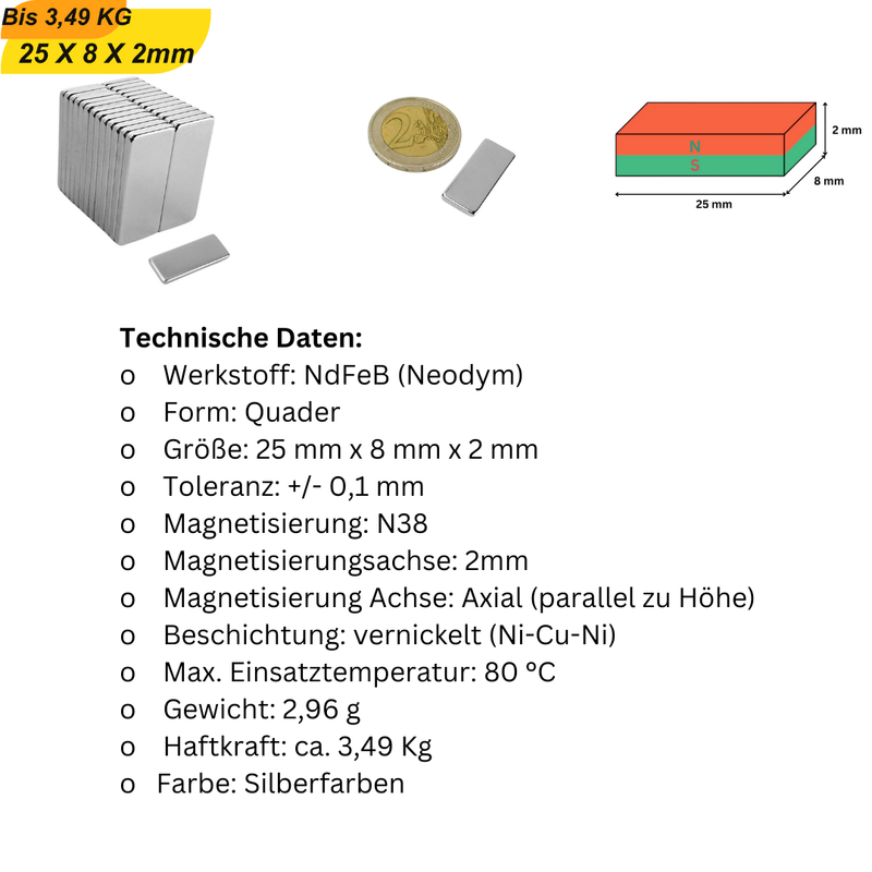 Supermagnet 25x8x2 mm aus NdFeB mit axialer Magnetisierung