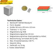Hochleistungs-Neodym Quadermagnet 40x20x10 mm für Industrie und Modellbau