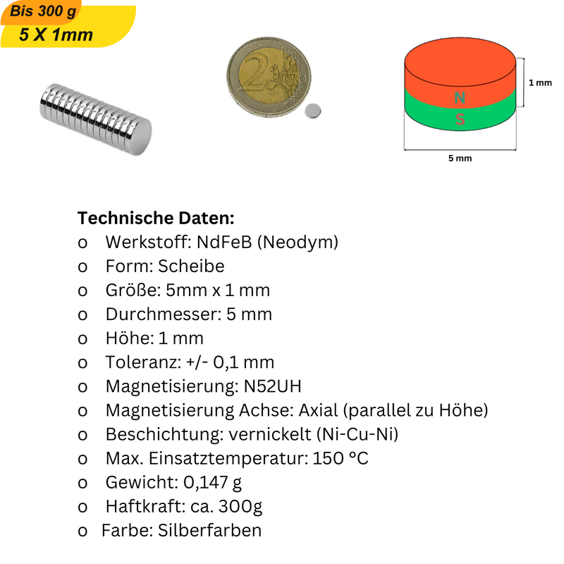 Hochleistungs-Scheibenmagnet 5x1 mm für präzise Befestigungs- und Bastelarbeiten