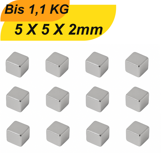 Neodym Quadermagnet 5x5x2 mm N42 – Supermagnet mit hoher Haltekraft auf weißem Hintergrund