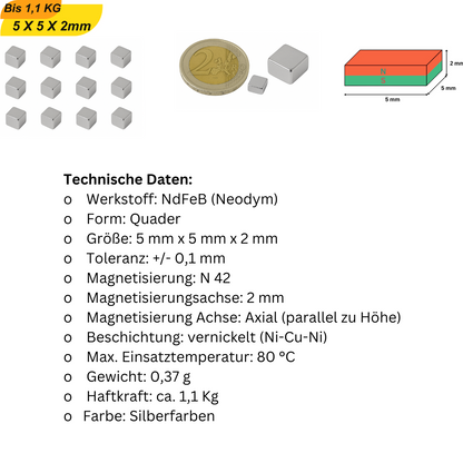 Sechs Neodym-Quadermagnete 5x5x2 mm gestapelt – starke N42 Magnete in kompakter Form