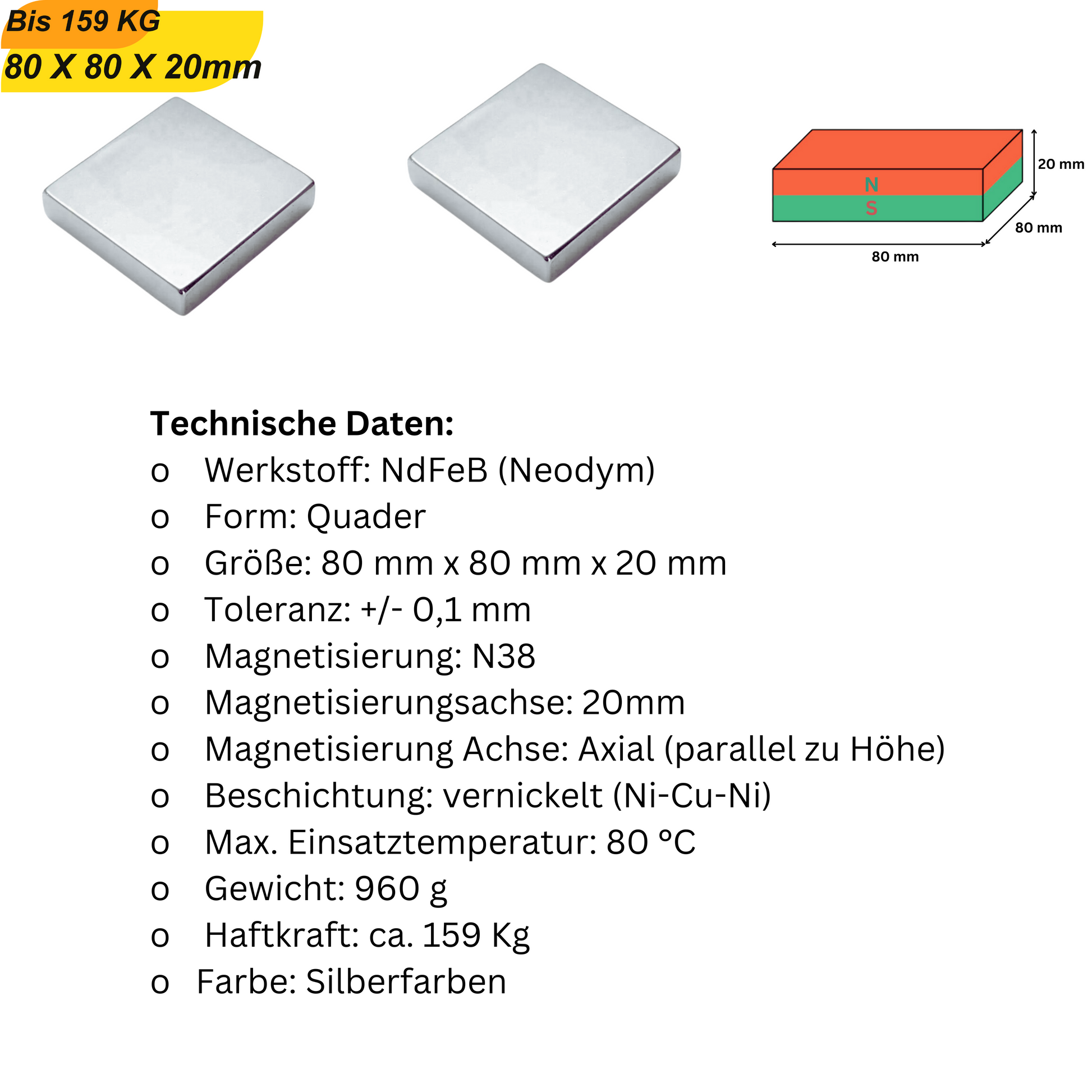 Quadermagnet 80x80x20 mm, ideal für industrielle Anwendungen
