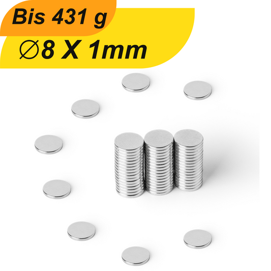 Neodym Magnet 8mm x 1mm Supermagnete hohe Haftkraft Scheibenmagnet