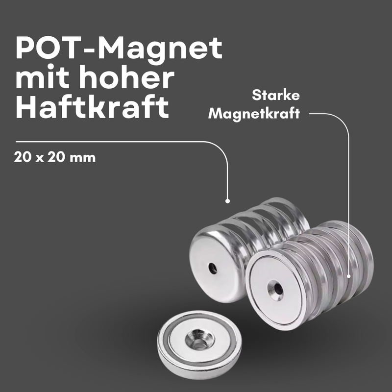 Neodymium pot magnet with countersunk hole Ø 20 mm – holding force approx. 12 kg – thread M4 – coating: NiCuNi