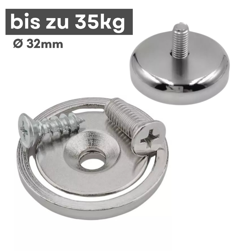 Neodymium pot magnet with countersunk hole Ø 32 mm – holding force approx. 35 kg – thread M5 – coating: NiCuNi