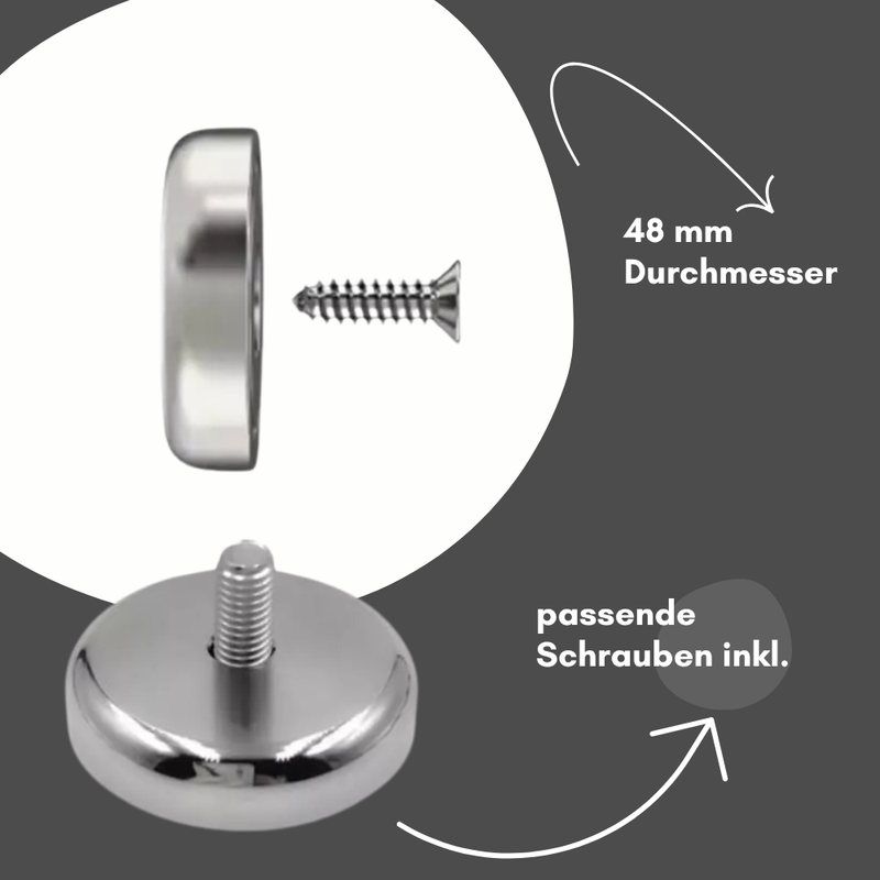 Neodymium pot magnet with countersunk hole Ø 48 mm – holding force approx. 87 kg – thread M6 – coating: NiCuNi