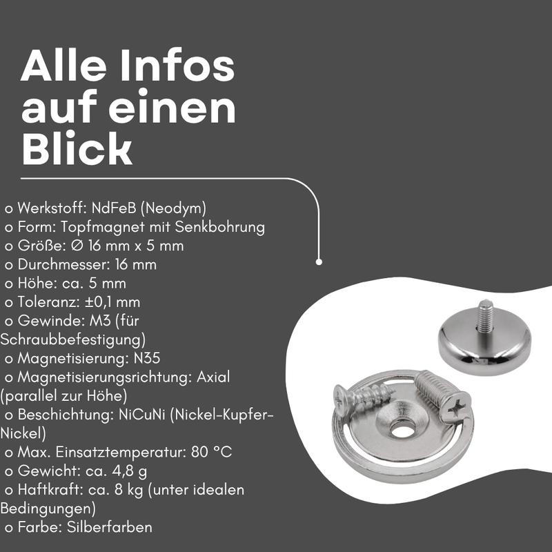 Neodym Topfmagnet Ø16 mm mit Senkbohrung 8 kg Haltekraft M3 Gewinde