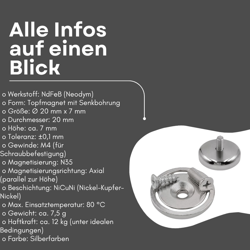 Neodym Topfmagnet Ø20 mm mit Senkbohrung 12 kg Haltekraft M4 Gewinde