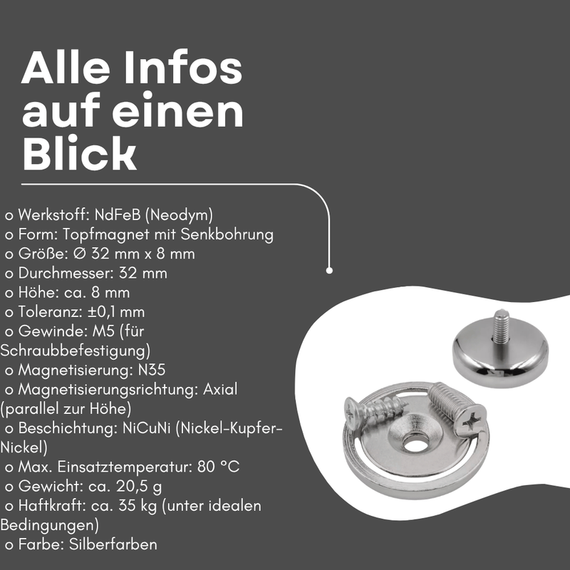 Neodym Topfmagnet Ø32 mm mit Senkbohrung 35 kg Haltekraft M5 Gewinde