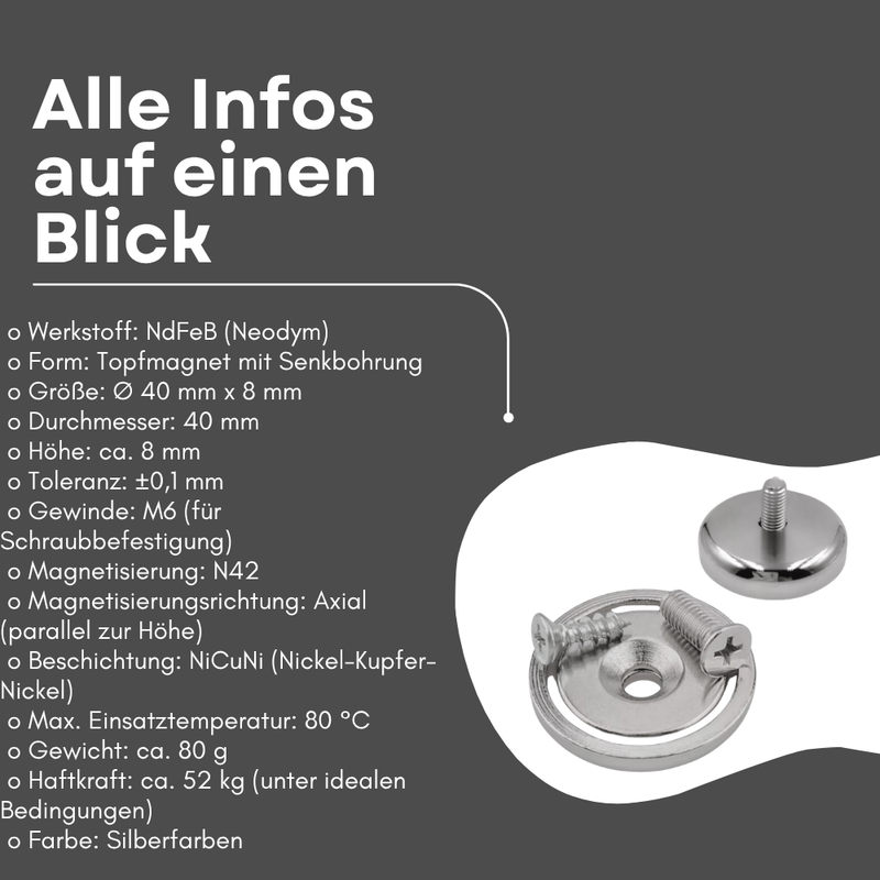 Neodym Topfmagnet 40 mm vernickelt NiCuNi mit hoher Haftkraft 52 kg