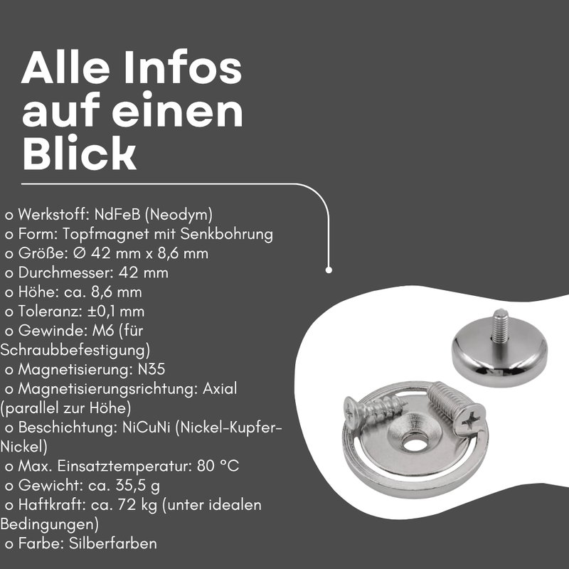 Neodym Topfmagnet Ø42 mm mit Senkbohrung 72 kg Haltekraft M6 Gewinde