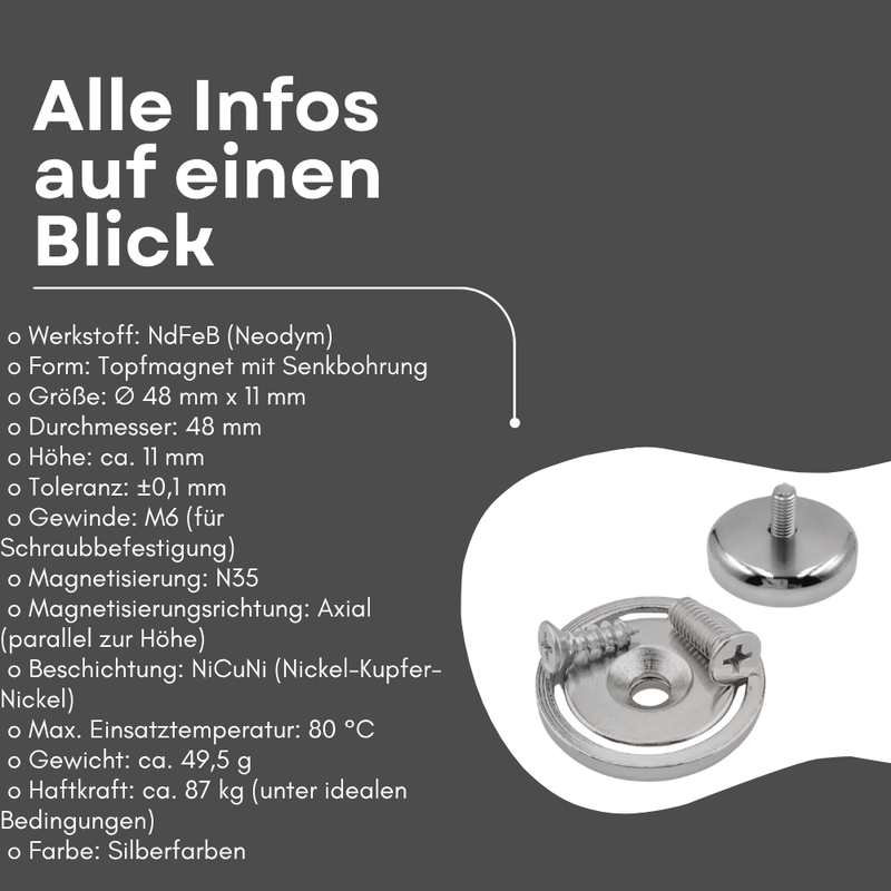 Neodym Topfmagnet Ø48 mm mit Senkbohrung 87 kg Haltekraft M6 Gewinde