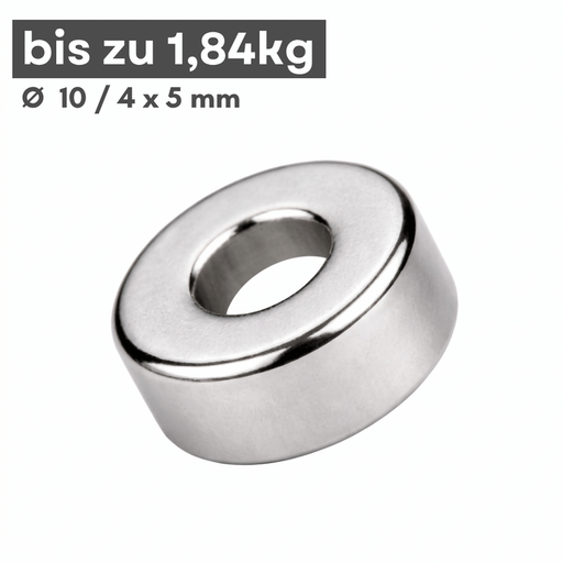Neodym Ringmagnet Ø 10/4 mm Höhe 5 mm N42 vernickelt, Haftkraft 1,84 kg