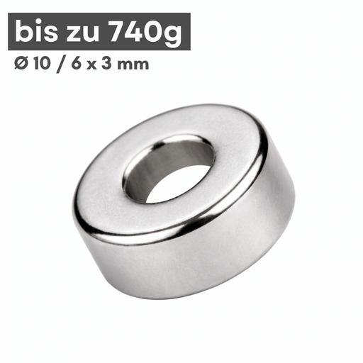 Neodym Ringmagnet Ø 10/6 mm Höhe 3 mm N42 vernickelt, Haftkraft 740 g