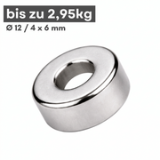 Neodym Ringmagnet Ø 12/4 mm Höhe 6 mm N42 vernickelt, Haftkraft 2,95 kg