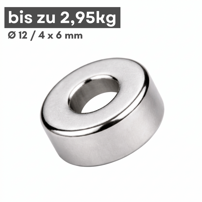 Neodym Ringmagnet Ø 12/4 mm Höhe 6 mm N42 vernickelt, Haftkraft 2,95 kg