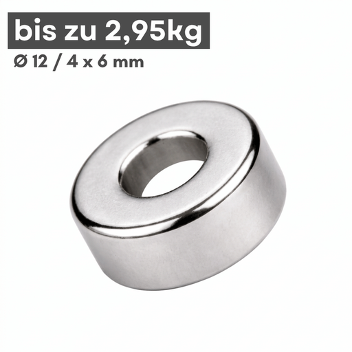 Neodym Ringmagnet Ø 12/4 mm Höhe 6 mm N42 vernickelt, Haftkraft 2,95 kg