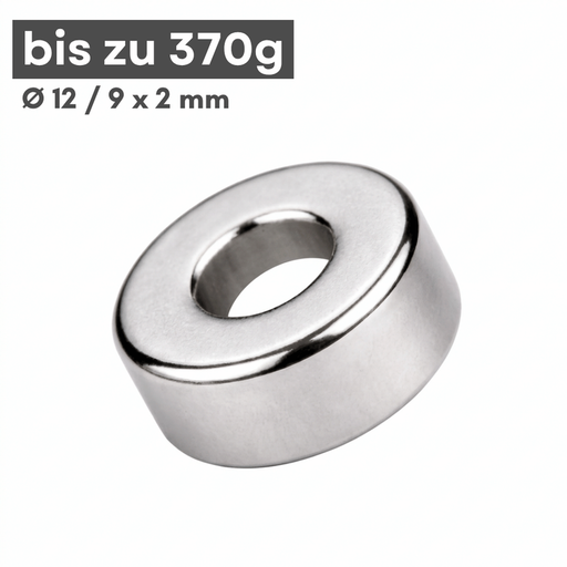 Neodym Ringmagnet Ø 12/9 mm Höhe 2 mm N42 vernickelt, Haftkraft 370 g