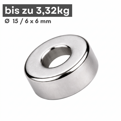 Neodym-Ringmagnet N42 15x6x6 mm mit starker Haftkraft für industrielle Anwendungen.
