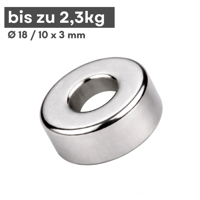 Neodym Ringmagnet 18x10x3 mm N35 mit hoher Haftkraft 2,3 kg vernickelt für Industrie, Werkstatt und DIY Anwendungen