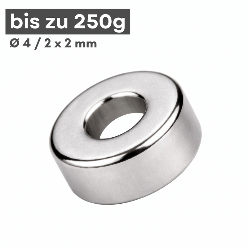 Neodym Ringmagnet Ø 4/2 mm Höhe 2 mm N42 vernickelt, Haftkraft 250 g