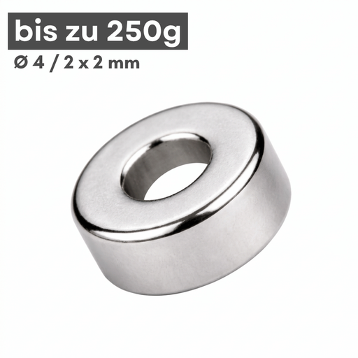 Neodym Ringmagnet Ø 4/2 mm Höhe 2 mm N42 vernickelt, Haftkraft 250 g