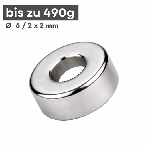 Neodym Ringmagnet Ø 6/2 mm Höhe 2 mm N42 vernickelt, Haftkraft 490 g