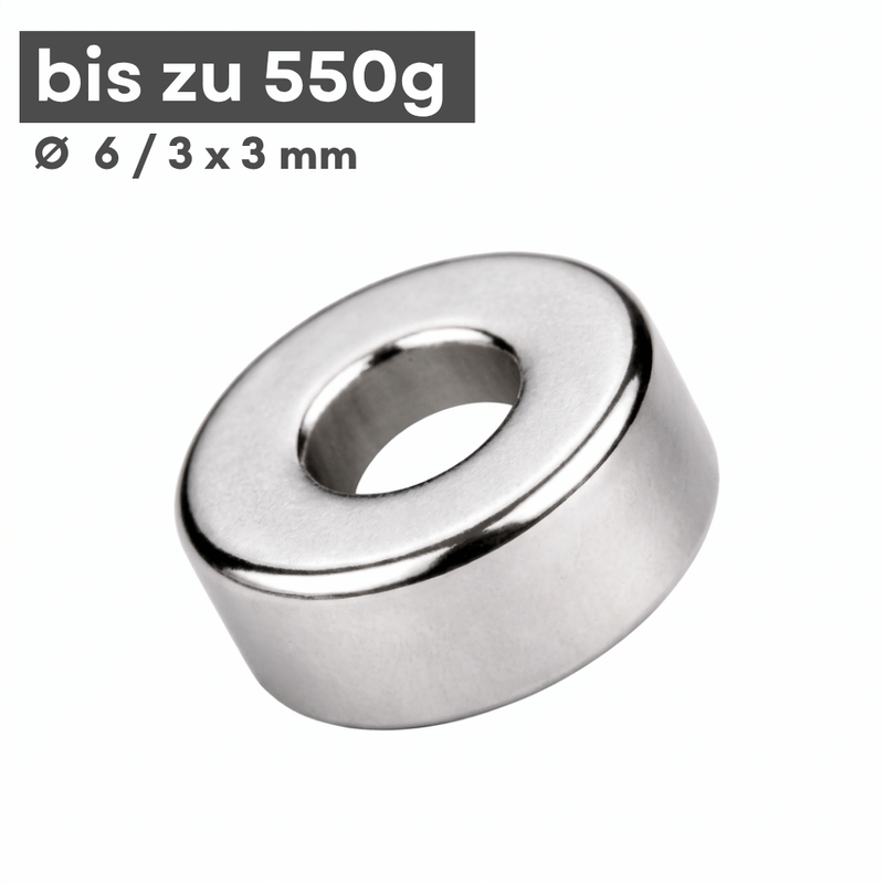 Neodym Ringmagnet 6x3x3 mm N42 vernickelt mit 3 mm Bohrung