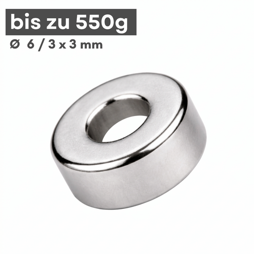 Neodym Ringmagnet 6x3x3 mm N42 vernickelt mit 3 mm Bohrung