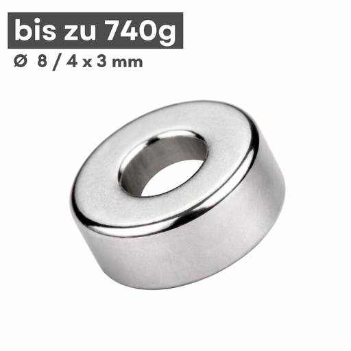 Neodym Ringmagnet Ø 8/4 mm Höhe 3 mm N42 vernickelt, Haftkraft 740 g