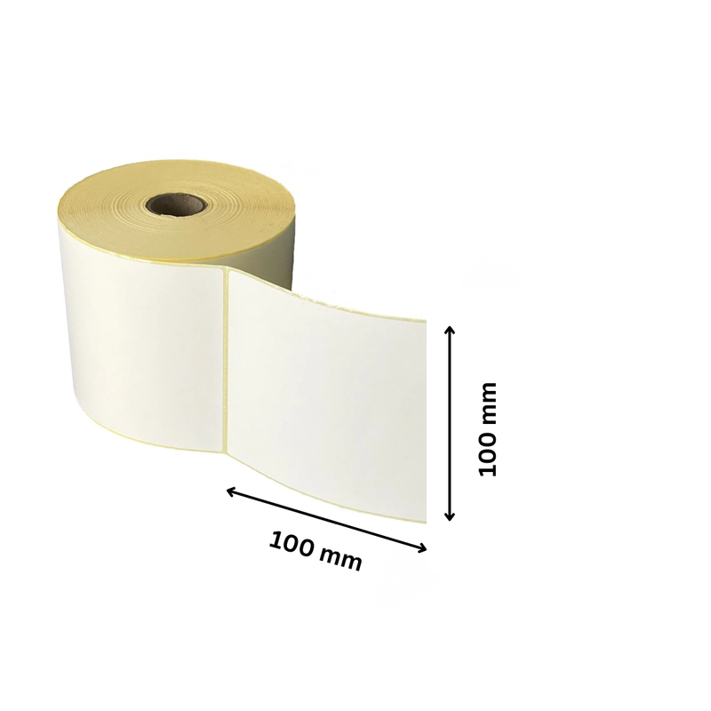 Thermodruck-Etikettenrolle 100 x 100 mm mit Maßangaben in Nahaufnahme