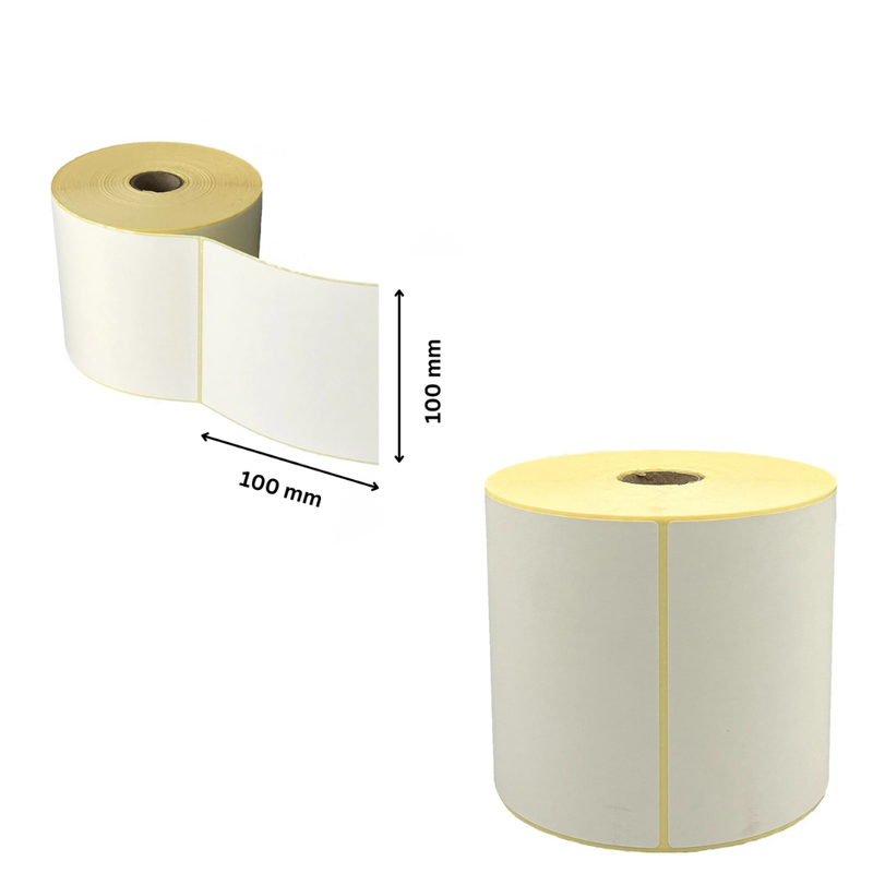Thermodruck-Etikettenrolle mit Maßangaben 100 x 100 mm pro Etikett