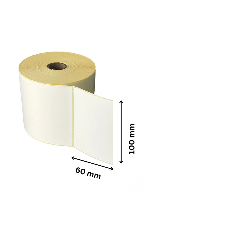Thermodruck-Etikettenrolle 100 x 60 mm mit Maßangaben in Nahaufnahme