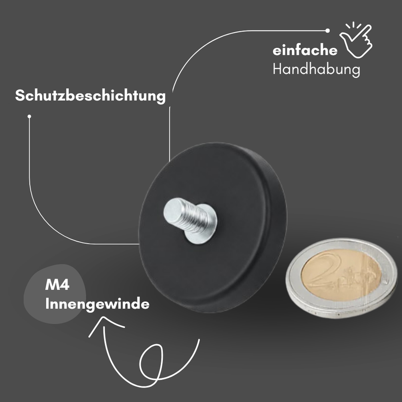 Neodym Magnet Gummitopfmagnet Ø 43 mm M4 Gewindezapfen – hohe 10 kg Haftkraft Schutzbeschichtung