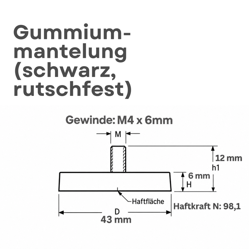 Neodym Magnet Gummitopfmagnet Ø 43 mm M4 Gewindezapfen – hohe 10 kg Haftkraft Schutzbeschichtung