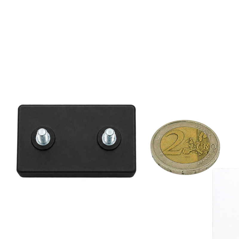 Neodym Magnet Gummitopfmagnet 43 x 31 x 6 mm mit 2 x M4 Gewindezapfen – hohe 14 kg Haftkraft verdrehsicher