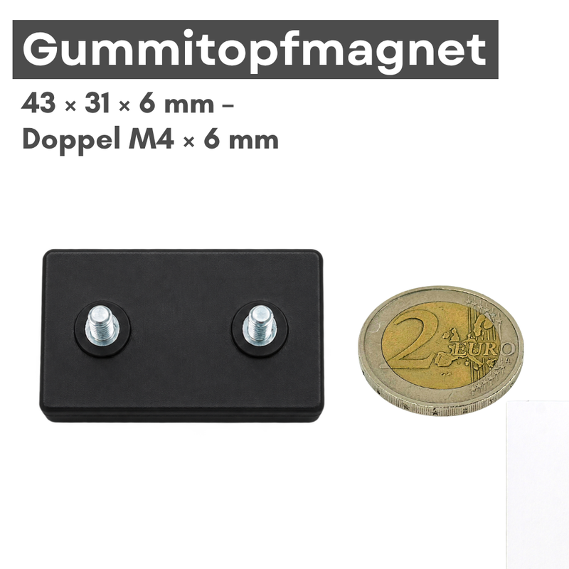 Neodym Magnet Gummitopfmagnet 43 x 31 x 6 mm mit 2 x M4 Gewindezapfen – hohe 14 kg Haftkraft verdrehsicher