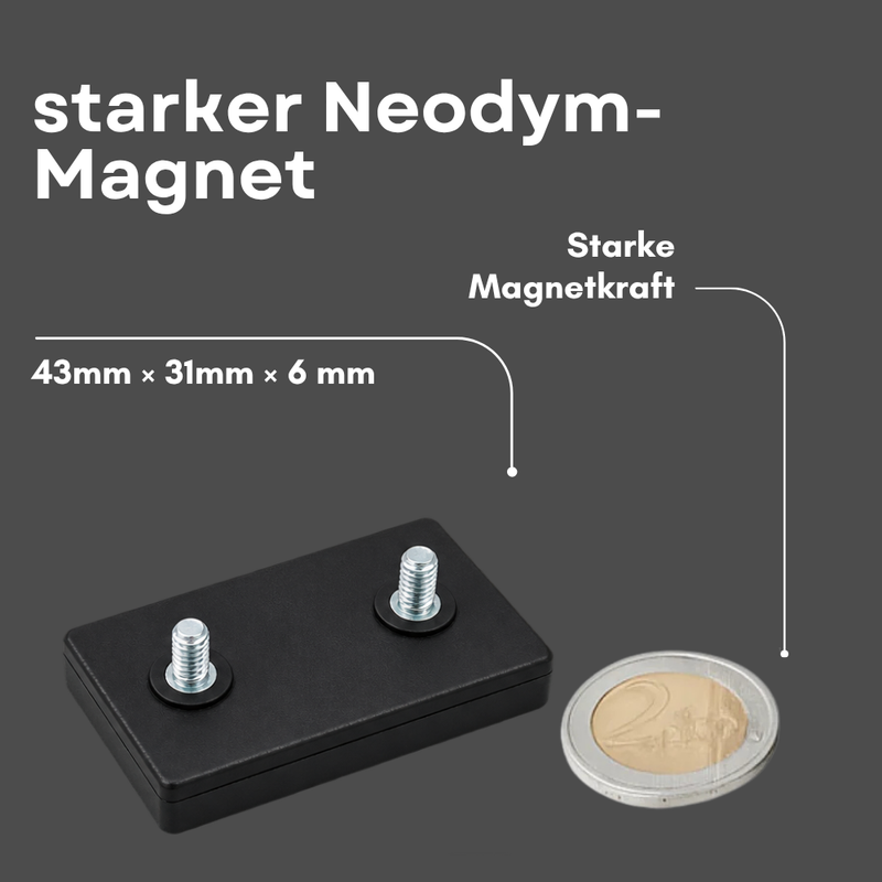 Neodym Magnet Gummitopfmagnet 43 x 31 x 6 mm mit 2 x M4 Gewindezapfen – hohe 14 kg Haftkraft verdrehsicher
