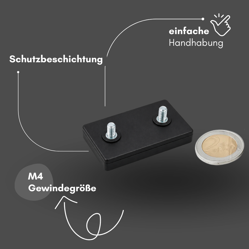Neodym Magnet Gummitopfmagnet 43 x 31 x 6 mm mit 2 x M4 Gewindezapfen – hohe 14 kg Haftkraft verdrehsicher