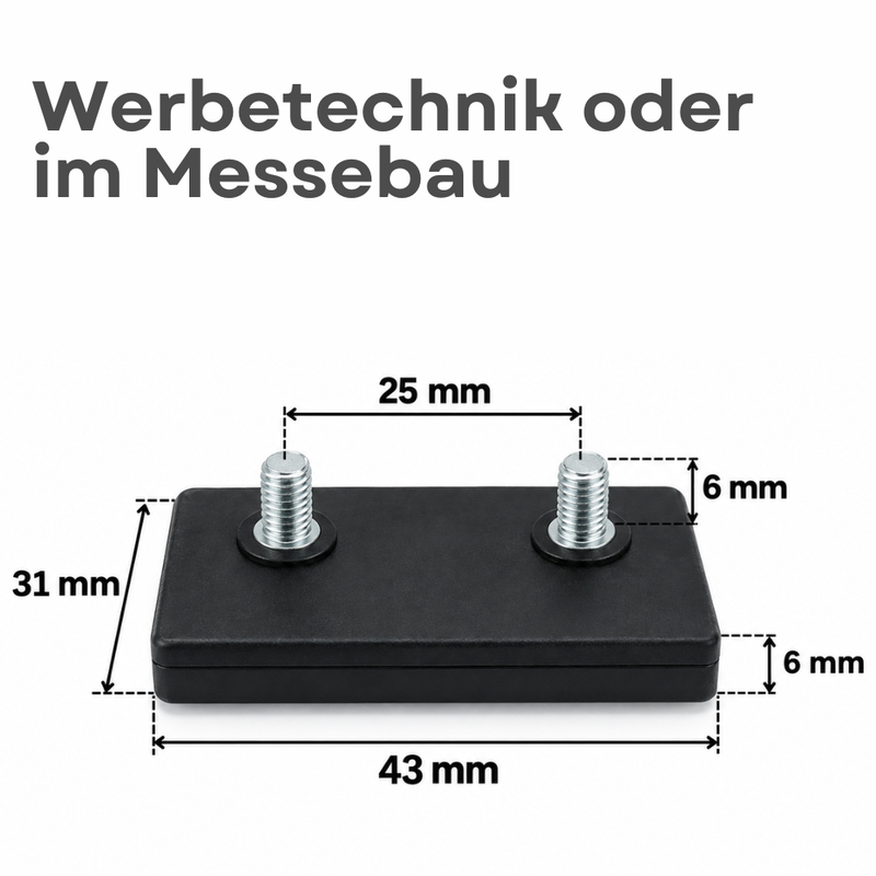 Neodym Magnet Gummitopfmagnet 43 x 31 x 6 mm mit 2 x M4 Gewindezapfen – hohe 14 kg Haftkraft verdrehsicher